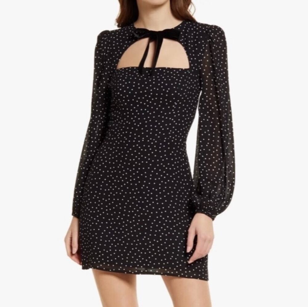 Reformation (10) Terri Polka Dot Mini Dress Velvet Bow Cutout Long Sleeve